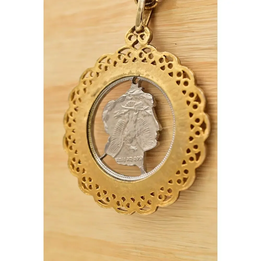 Vintage Carved Coin Heavy Pendant Necklace Crystal Chain Gold Chunky 1970s BinBH